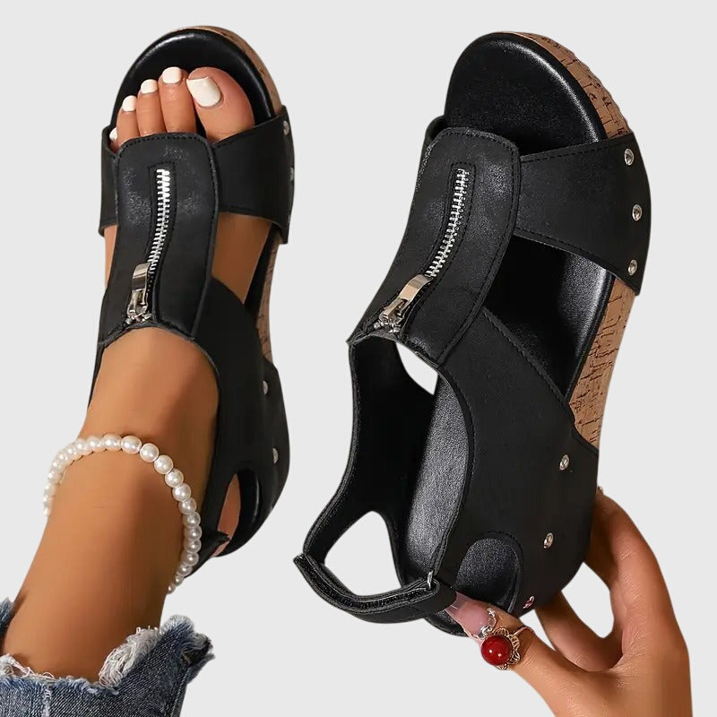 Momount Mujer Sandalias de Cuña de Corcho – Piel Cremallera Frontal Tachuelas Punta Abierta
