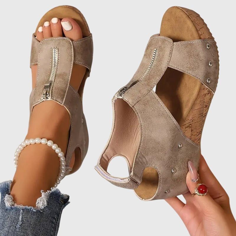 Momount Mujer Sandalias de Cuña de Corcho – Piel Cremallera Frontal Tachuelas Punta Abierta