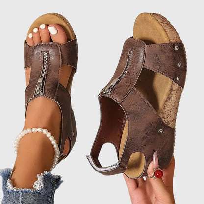 Momount Mujer Sandalias de Cuña de Corcho – Piel Cremallera Frontal Tachuelas Punta Abierta