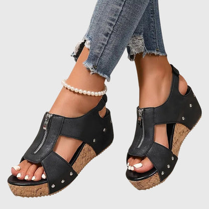 Momount Mujer Sandalias de Cuña de Corcho – Piel Cremallera Frontal Tachuelas Punta Abierta