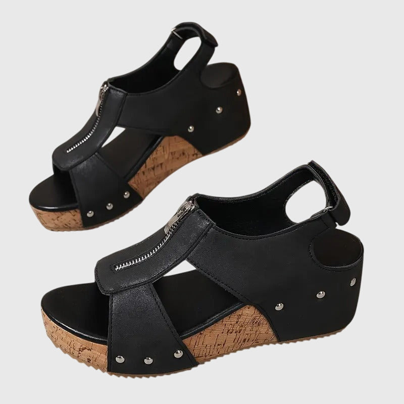Momount Mujer Sandalias de Cuña de Corcho – Piel Cremallera Frontal Tachuelas Punta Abierta