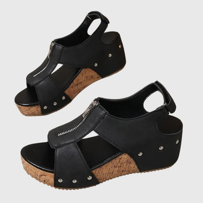 Momount Mujer Sandalias de Cuña de Corcho – Piel Cremallera Frontal Tachuelas Punta Abierta