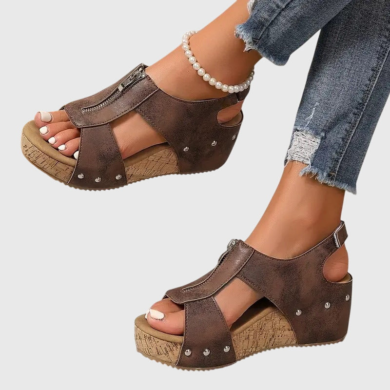 Momount Mujer Sandalias de Cuña de Corcho – Piel Cremallera Frontal Tachuelas Punta Abierta