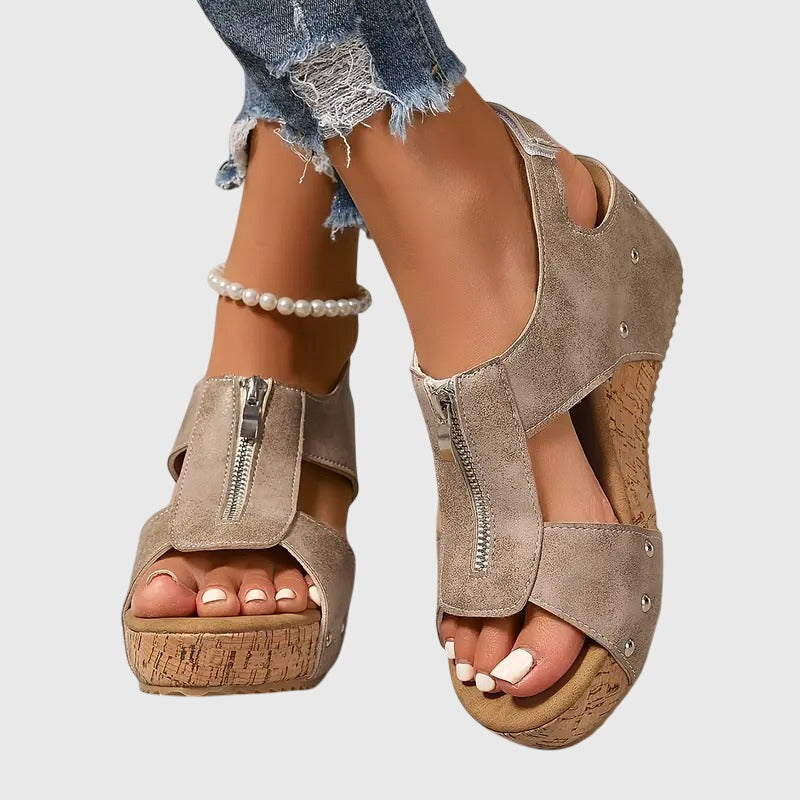 Momount Mujer Sandalias de Cuña de Corcho – Piel Cremallera Frontal Tachuelas Punta Abierta