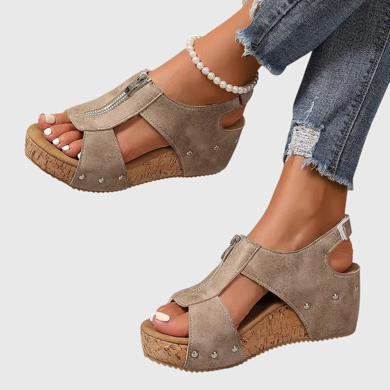 Momount Mujer Sandalias de Cuña de Corcho – Piel Cremallera Frontal Tachuelas Punta Abierta
