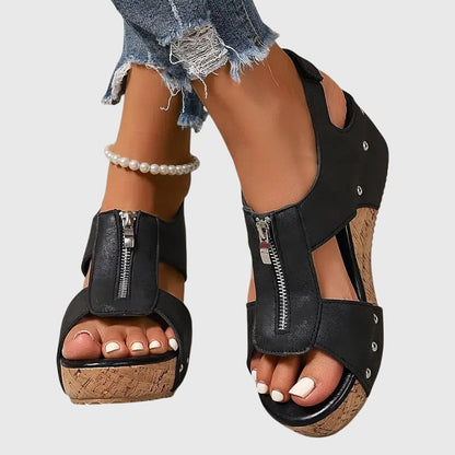 Momount Mujer Sandalias de Cuña de Corcho – Piel Cremallera Frontal Tachuelas Punta Abierta