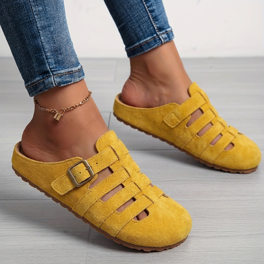 Momount Mujer Zuecos Mules Puntera Cerrada – Ante Estilo Jaula Hebilla Slip-On Plantilla de Corcho