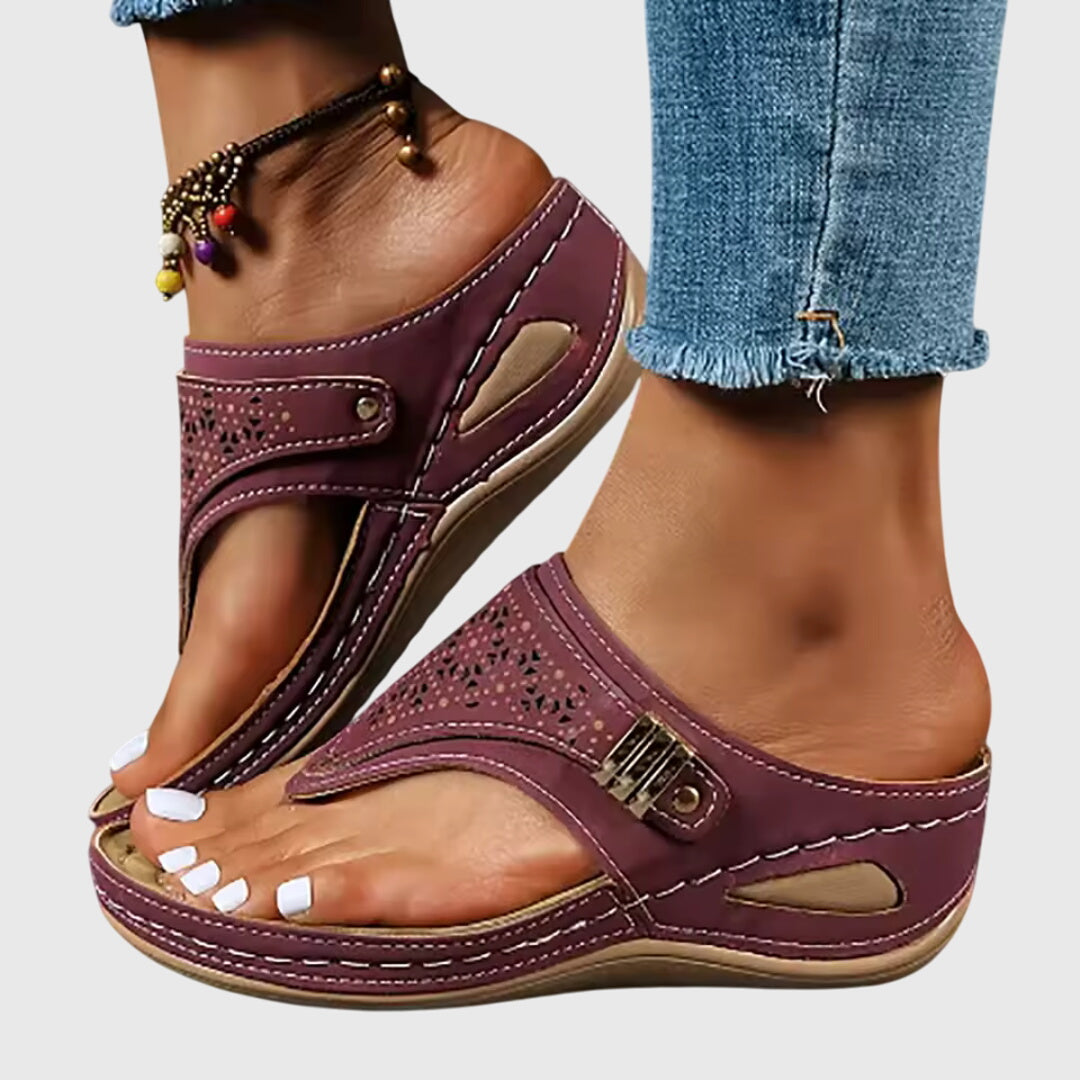 Momount Mujer Sandalias de Cuña Tira al Dedo – Piel Calado Slide Tira Entre Dedo Tacón Bajo