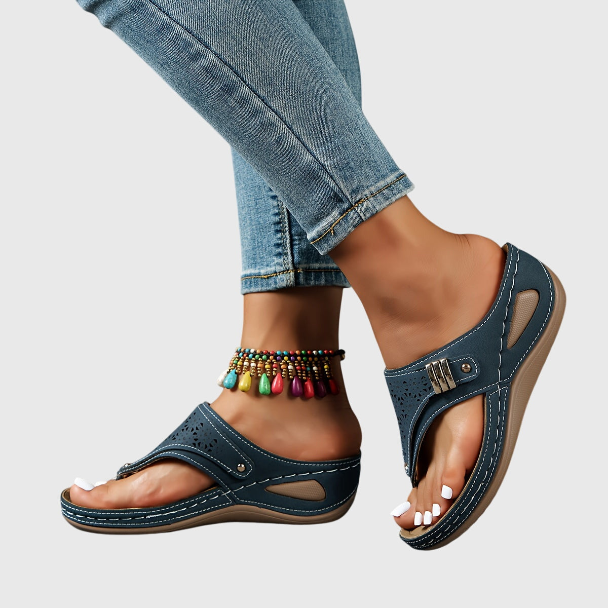 Momount Mujer Sandalias de Cuña Tira al Dedo – Piel Calado Slide Tira Entre Dedo Tacón Bajo