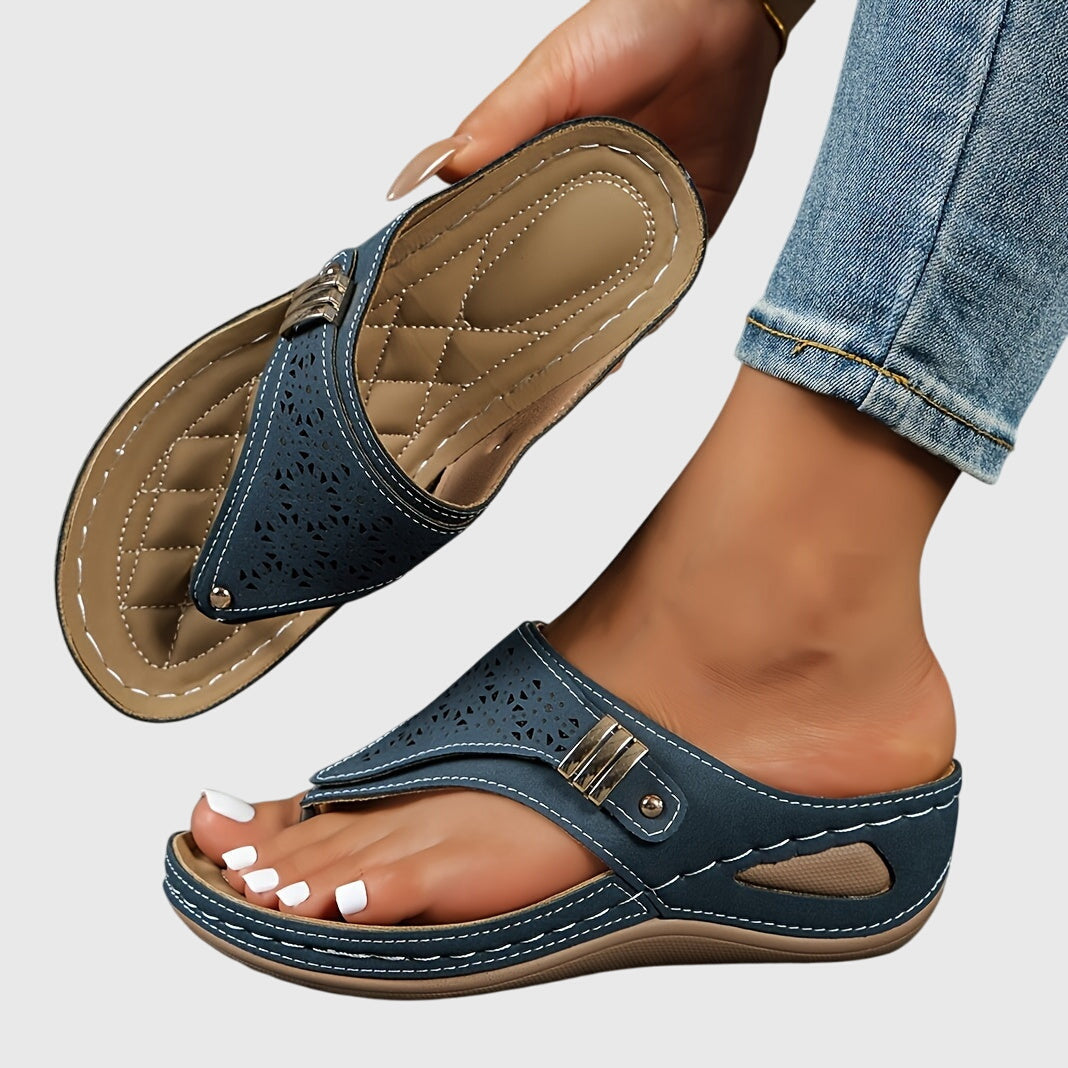 Momount Mujer Sandalias de Cuña Tira al Dedo – Piel Calado Slide Tira Entre Dedo Tacón Bajo