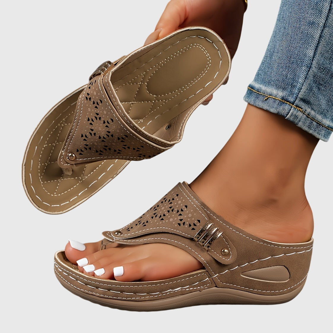 Momount Mujer Sandalias de Cuña Tira al Dedo – Piel Calado Slide Tira Entre Dedo Tacón Bajo