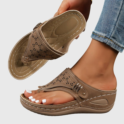 Momount Mujer Sandalias de Cuña Tira al Dedo – Piel Calado Slide Tira Entre Dedo Tacón Bajo