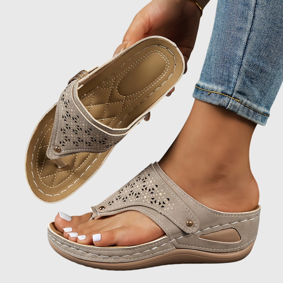 Momount Mujer Sandalias de Cuña Tira al Dedo – Piel Calado Slide Tira Entre Dedo Tacón Bajo