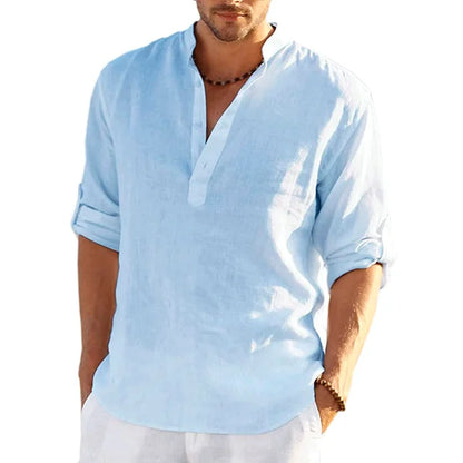 Camisa Henley de Lino de Hombre Momount – Manga Larga Enrollable Casual