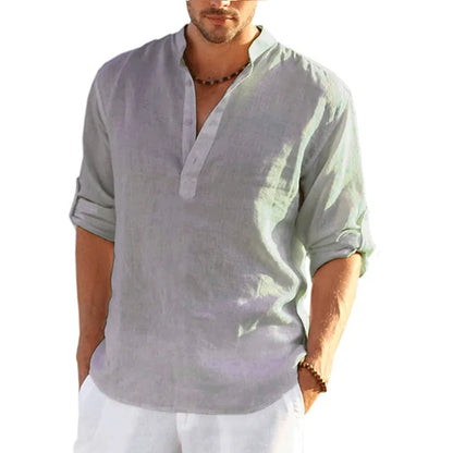 Camisa Henley de Lino de Hombre Momount – Manga Larga Enrollable Casual