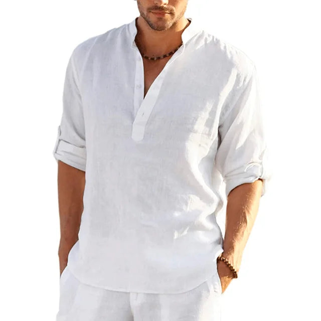 Camisa Henley de Lino de Hombre Momount – Manga Larga Enrollable Casual