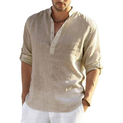 Camisa Henley de Lino de Hombre Momount – Manga Larga Enrollable Casual