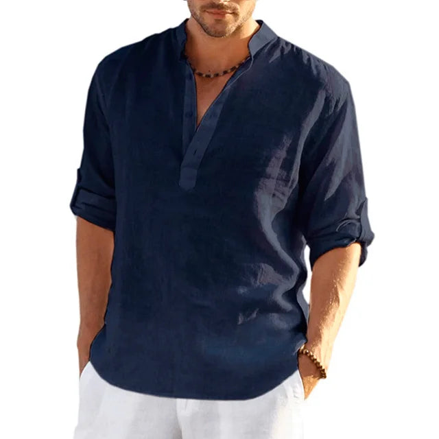 Camisa Henley de Lino de Hombre Momount – Manga Larga Enrollable Casual