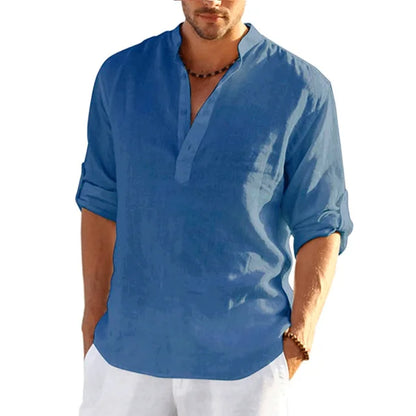 Camisa Henley de Lino de Hombre Momount – Manga Larga Enrollable Casual