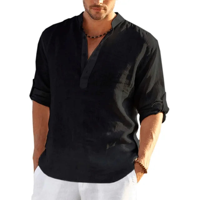 Camisa Henley de Lino de Hombre Momount – Manga Larga Enrollable Casual