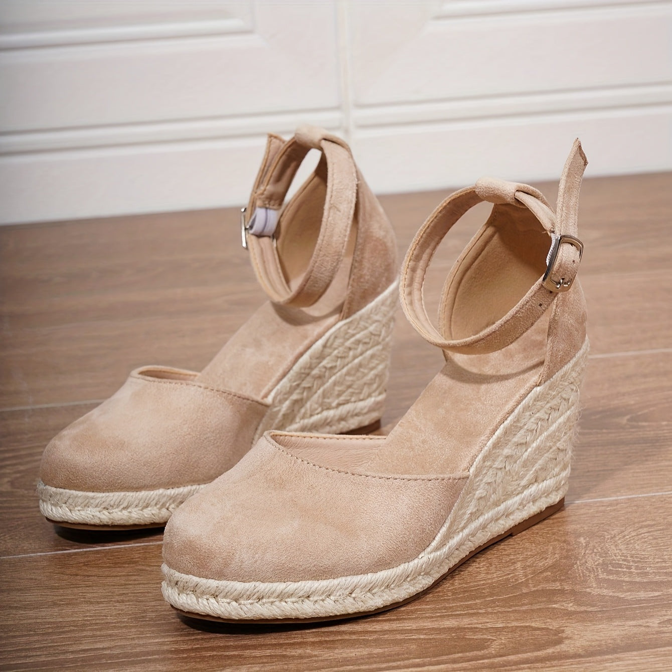 Sandalias de Cuña de Mujer – Espadrilles Ante Nude Punta Cerrada con Hebilla