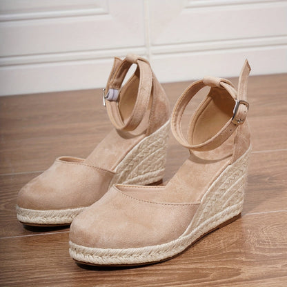 Sandalias de Cuña de Mujer – Espadrilles Ante Nude Punta Cerrada con Hebilla