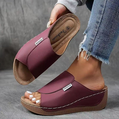 Sandalias de Cuña Plataforma de Mujer – Mules Cuero Marrón Punta Abierta