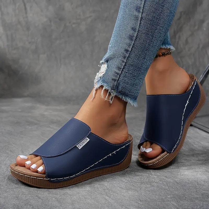 Sandalias de Cuña Plataforma de Mujer – Mules Cuero Marrón Punta Abierta