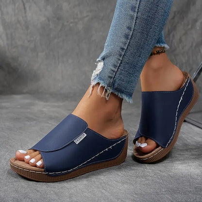 Sandalias de Cuña Plataforma de Mujer – Mules Cuero Marrón Punta Abierta