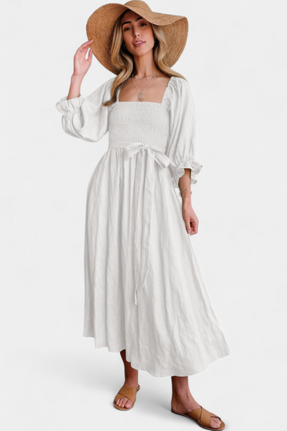 Marcellina | Vestido Midi Boho con Escote en V, Fruncido y Mangas Abullonadas