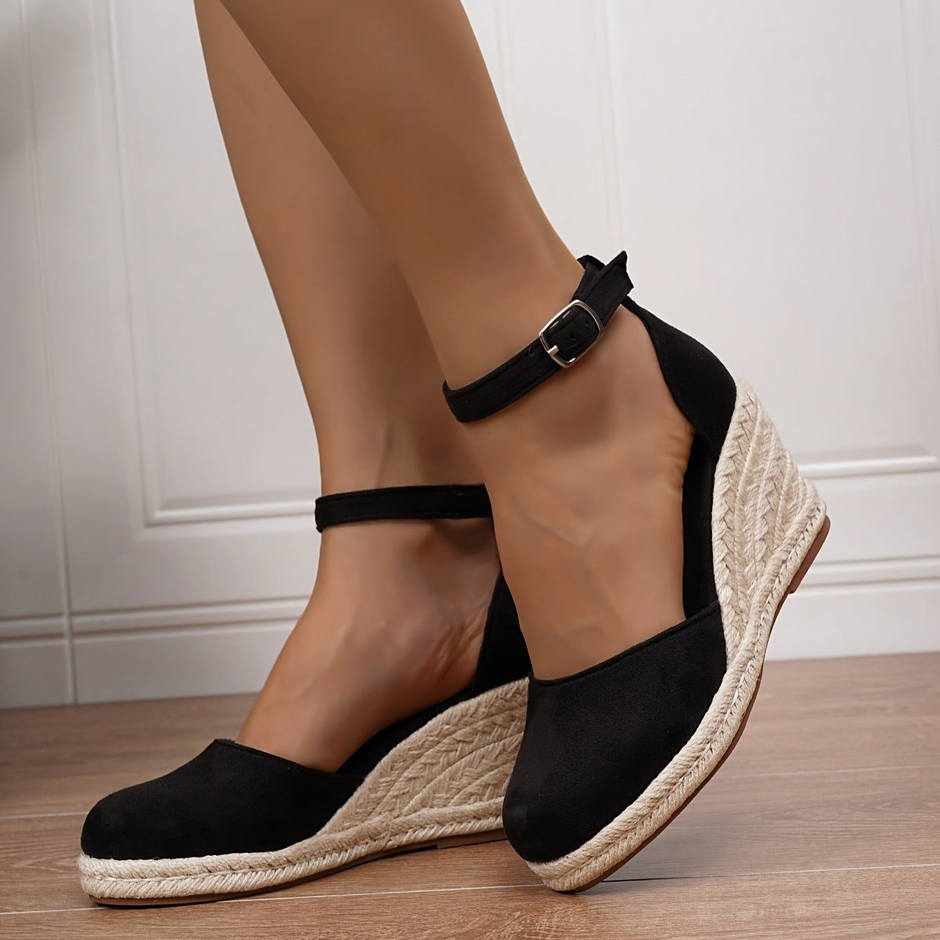 Sandalias de Cuña de Mujer – Espadrilles Ante Nude Punta Cerrada con Hebilla