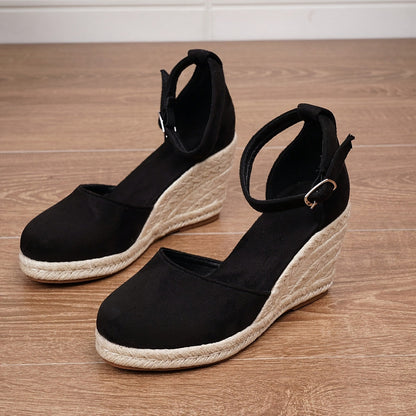 Sandalias de Cuña de Mujer – Espadrilles Ante Nude Punta Cerrada con Hebilla