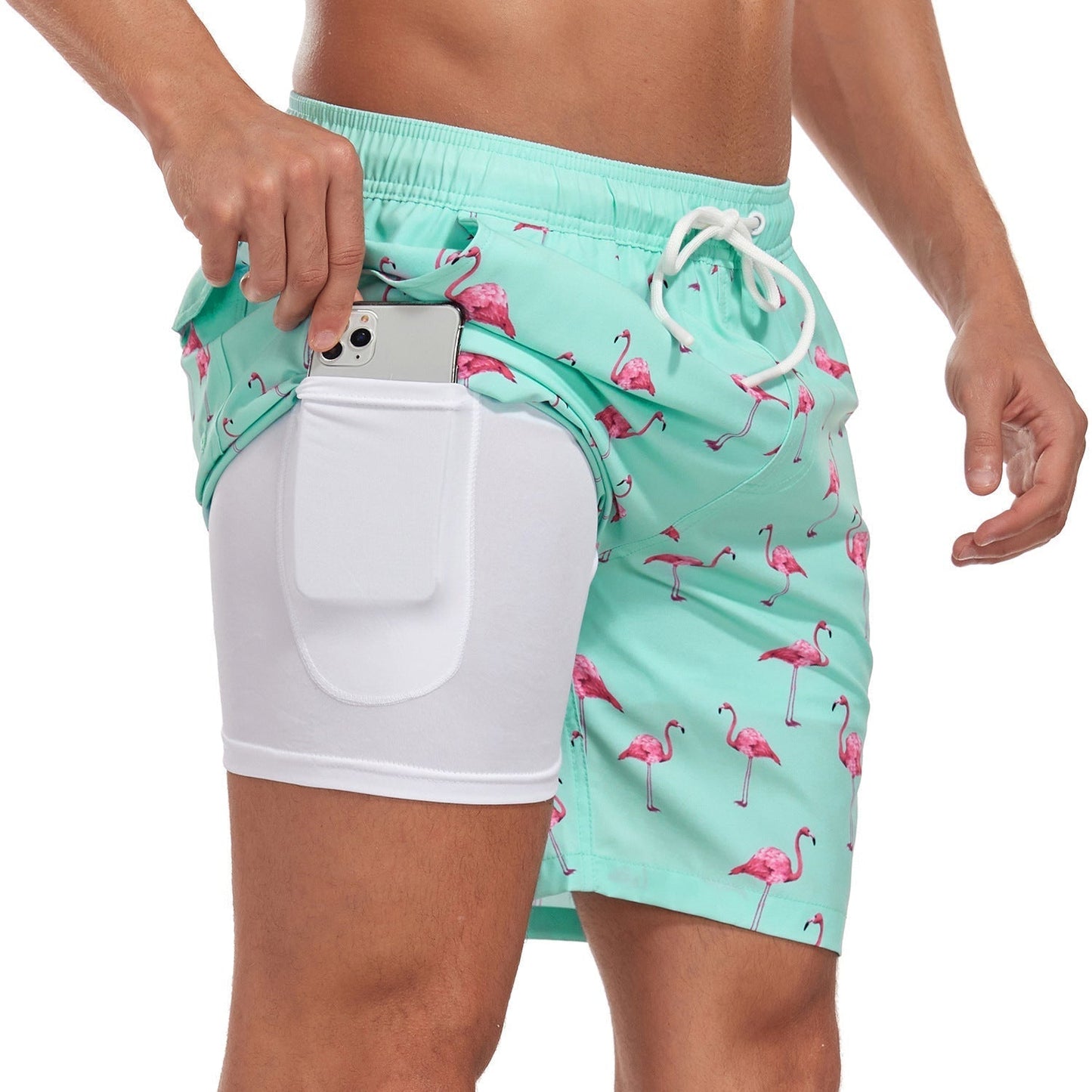 Bañadores de Hombre – Bañador Deportivo Azul Marino con Forro de Compresión y Estampado de Palmeras