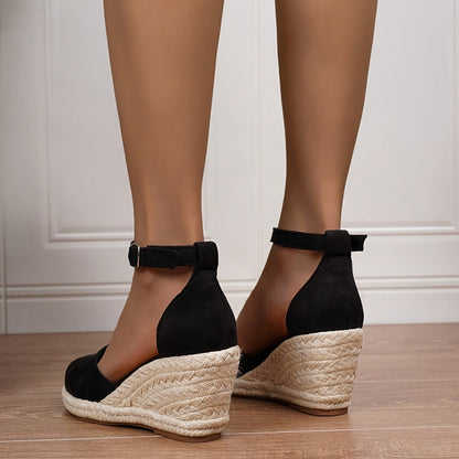 Sandalias de Cuña de Mujer – Espadrilles Ante Nude Punta Cerrada con Hebilla