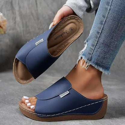 Sandalias de Cuña Plataforma de Mujer – Mules Cuero Marrón Punta Abierta