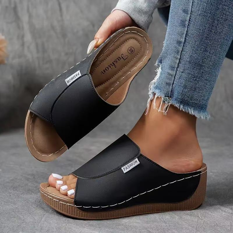 Sandalias de Cuña Plataforma de Mujer – Mules Cuero Marrón Punta Abierta