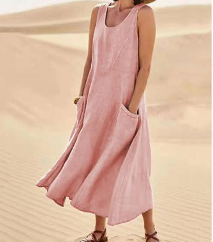Melisande | Vestido Largo de Lino con Cuello Redondo – Vaporoso y Elegante