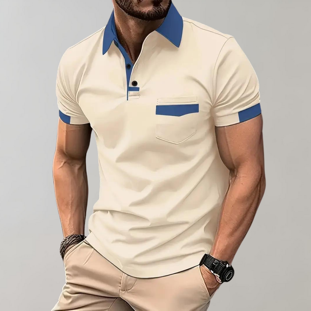 Momount Men Polo Shirt – Two Tone Contrast Collar Pocket Short Sleeve