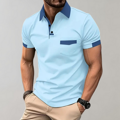 Momount Men Polo Shirt – Two Tone Contrast Collar Pocket Short Sleeve