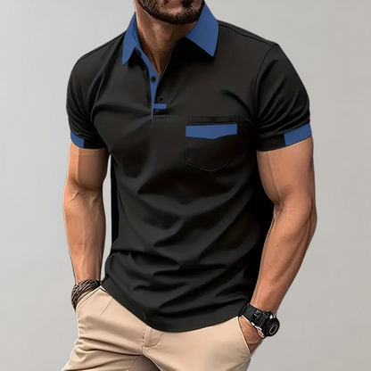 Momount Men Polo Shirt – Two Tone Contrast Collar Pocket Short Sleeve