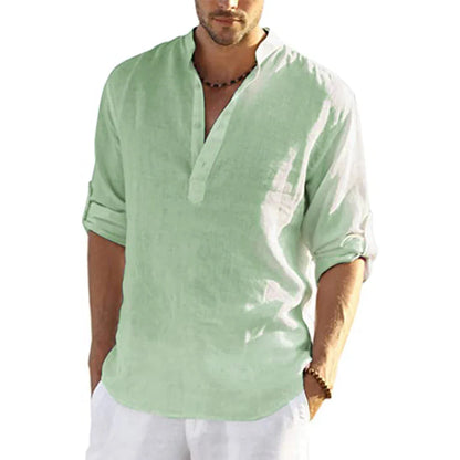 Camisa de Hombre – Camisa Henley de Lino Manga Larga con Cuello Mao