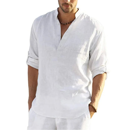 Camisa de Hombre – Camisa Henley de Lino Manga Larga con Cuello Mao