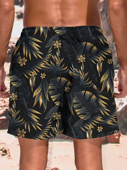 Bañadores de Hombre – Bañador Negro a la Rodilla con Estampado de Hojas Tropicales