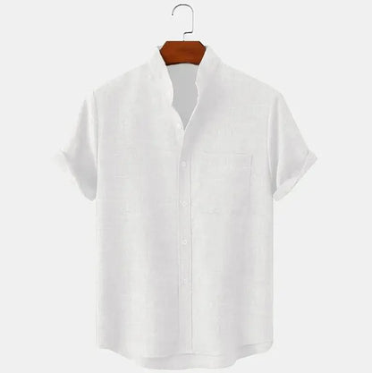 Camisa de Lino de Hombre Momount – Manga Corta, Cuello Mao y Bolsillo en el Pecho