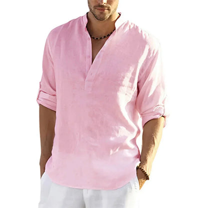 Camisa de Hombre – Camisa Henley de Lino Manga Larga con Cuello Mao