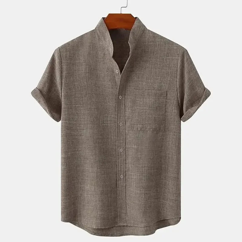 Camisa de Lino de Hombre Momount – Manga Corta, Cuello Mao y Bolsillo en el Pecho