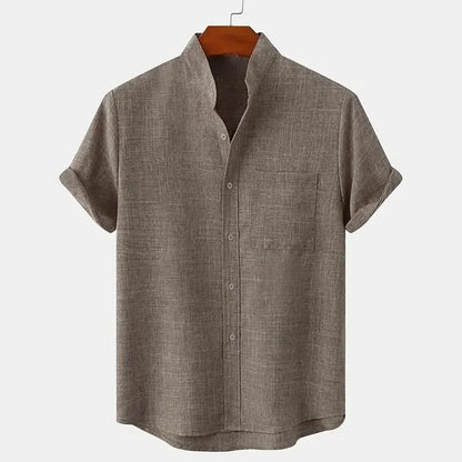 Camisa de Lino de Hombre Momount – Manga Corta, Cuello Mao y Bolsillo en el Pecho