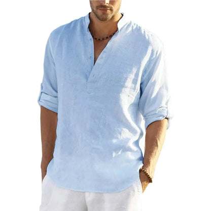 Camisa de Hombre – Camisa Henley de Lino Manga Larga con Cuello Mao