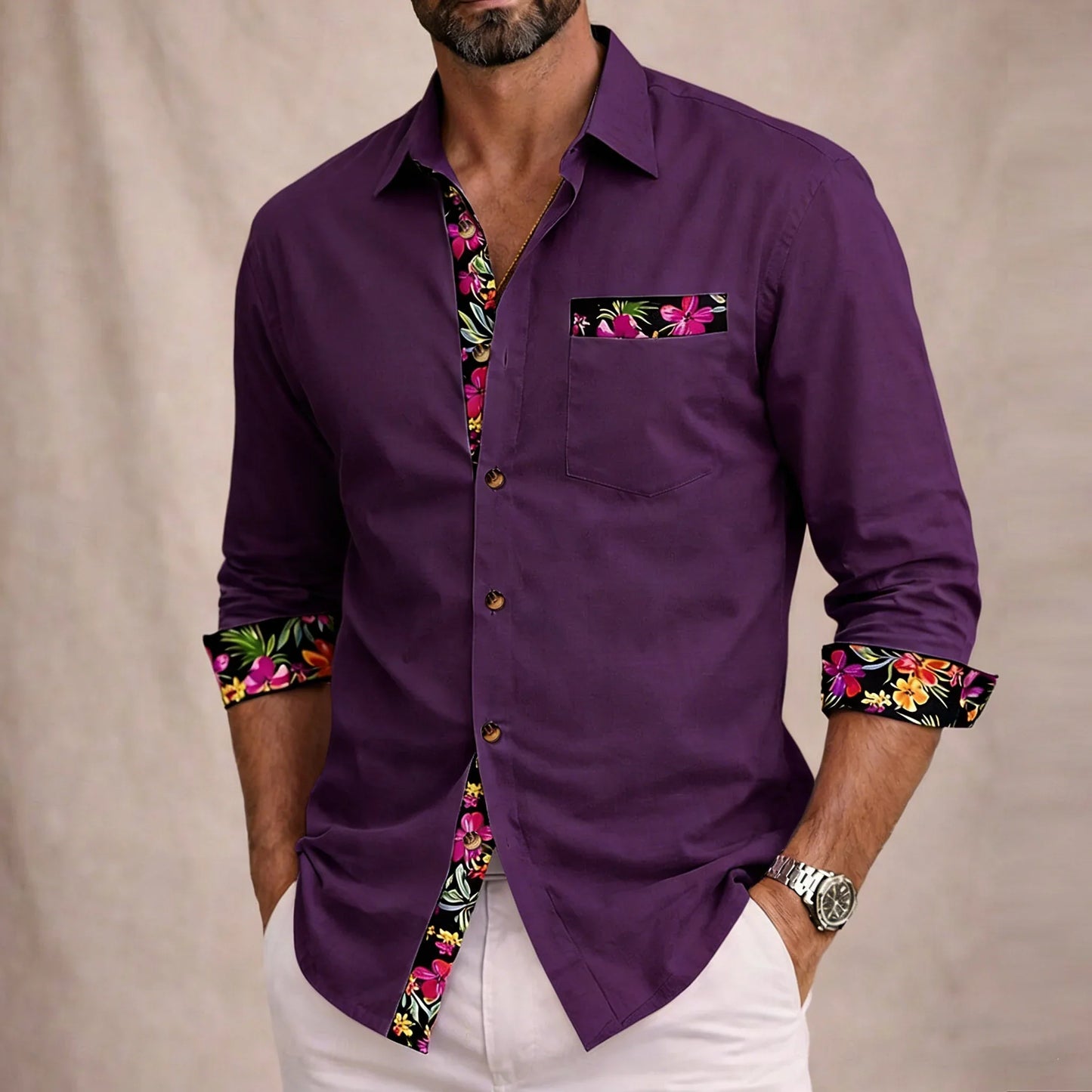 Momount Men Linen Shirt – Long Sleeve Floral Contrast Trim Hawaiian Casual