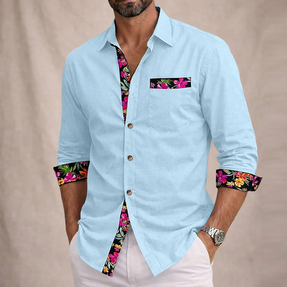 Momount Men Linen Shirt – Long Sleeve Floral Contrast Trim Hawaiian Casual